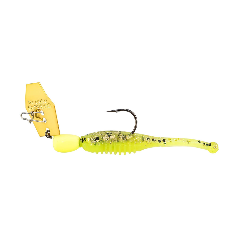 Micro Finesse ChatterBait lure in chartreuse-green with gold blade and curved hook