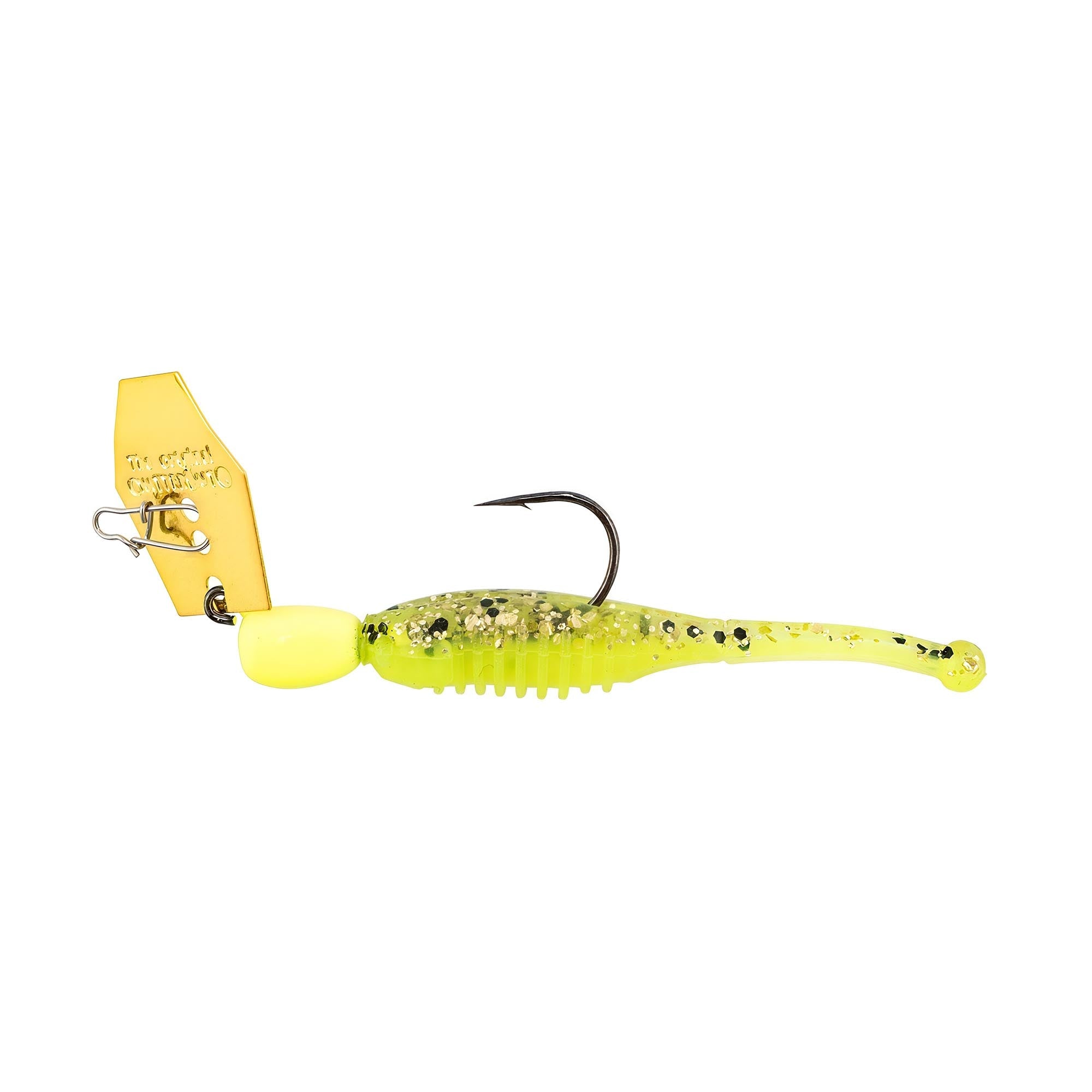 Micro Finesse ChatterBait lure in chartreuse-green with gold blade and curved hook