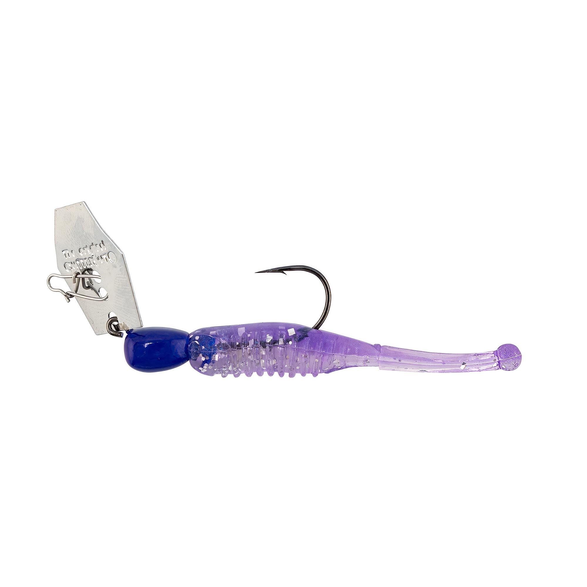 Purple chatterbait fishing lure with translucent body, treble hook, metal blade