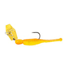 Orange chatterbait fishing lure with translucent body, treble hook, metal blade