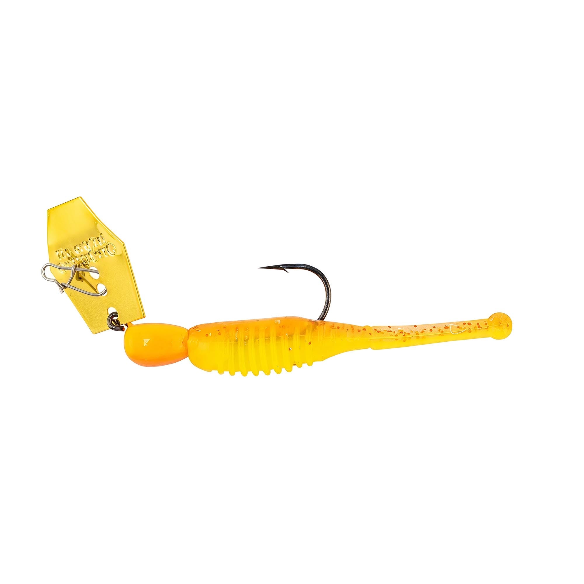 Orange-yellow Micro Finesse ChatterBait lure with gold blade and trailing silicone tail