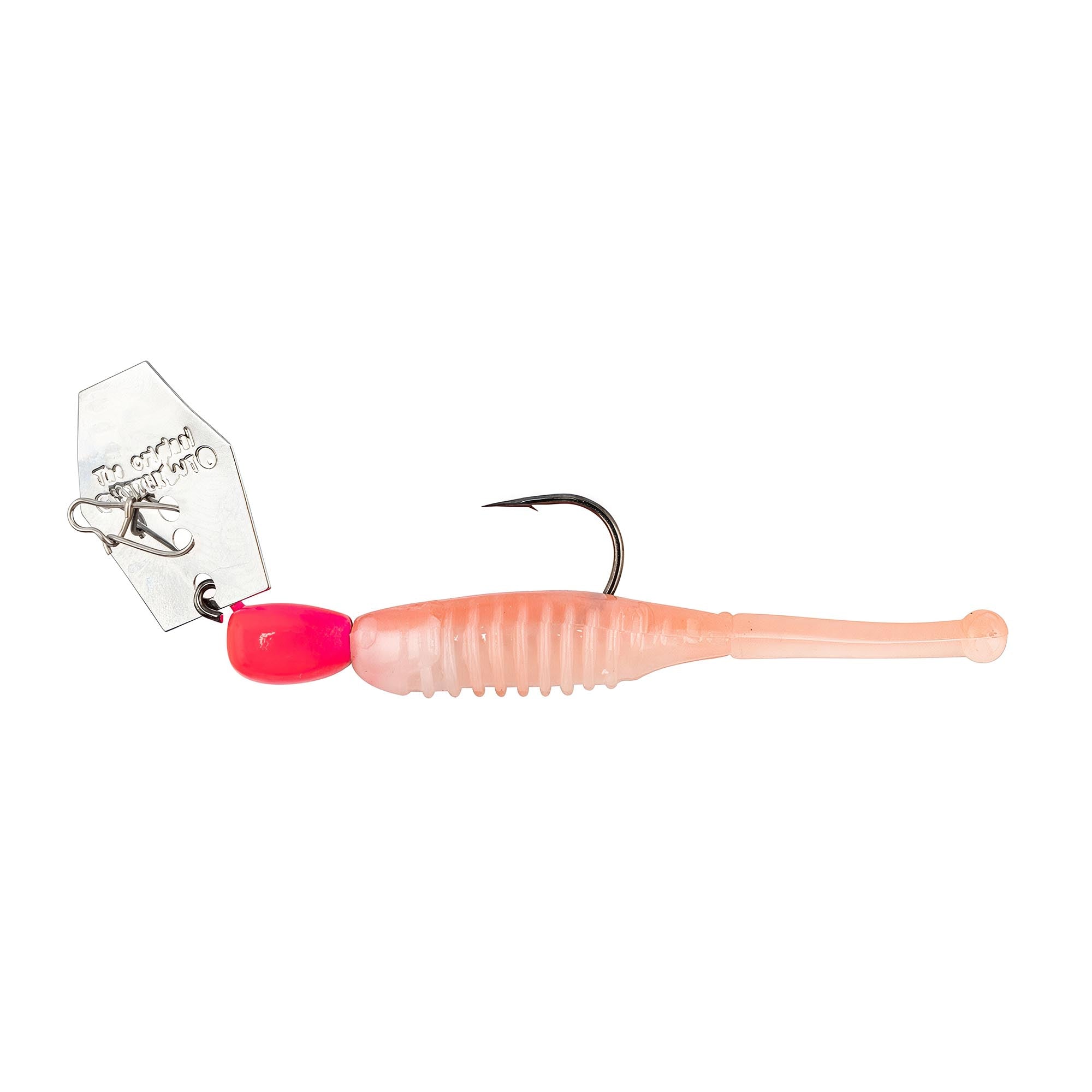 Pink and clear chatterbait fishing lure with red head, treble hook, metal blade