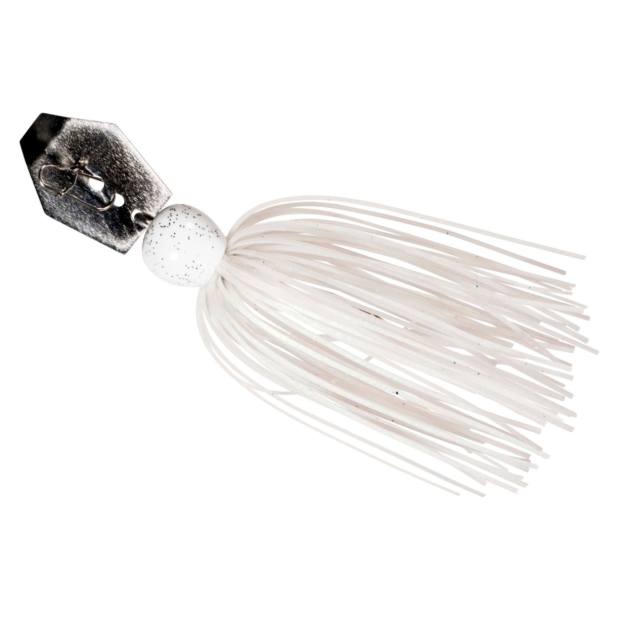 ChatterBait MicroMax spinner lure with speckled white skirt and white head, black blade