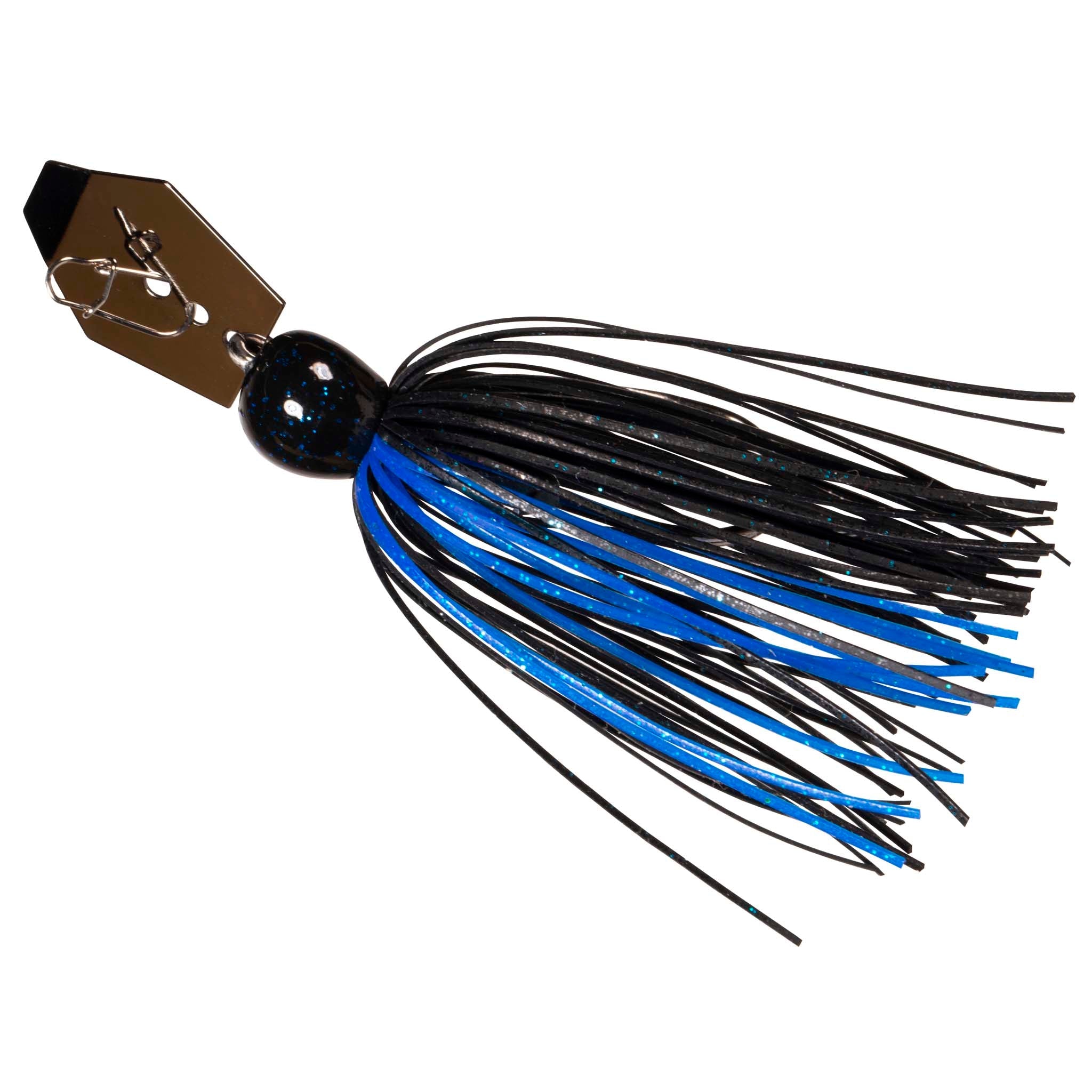 ChatterBait MicroMax spinner lure with blue-black skirt, bright blue stripes, dark head