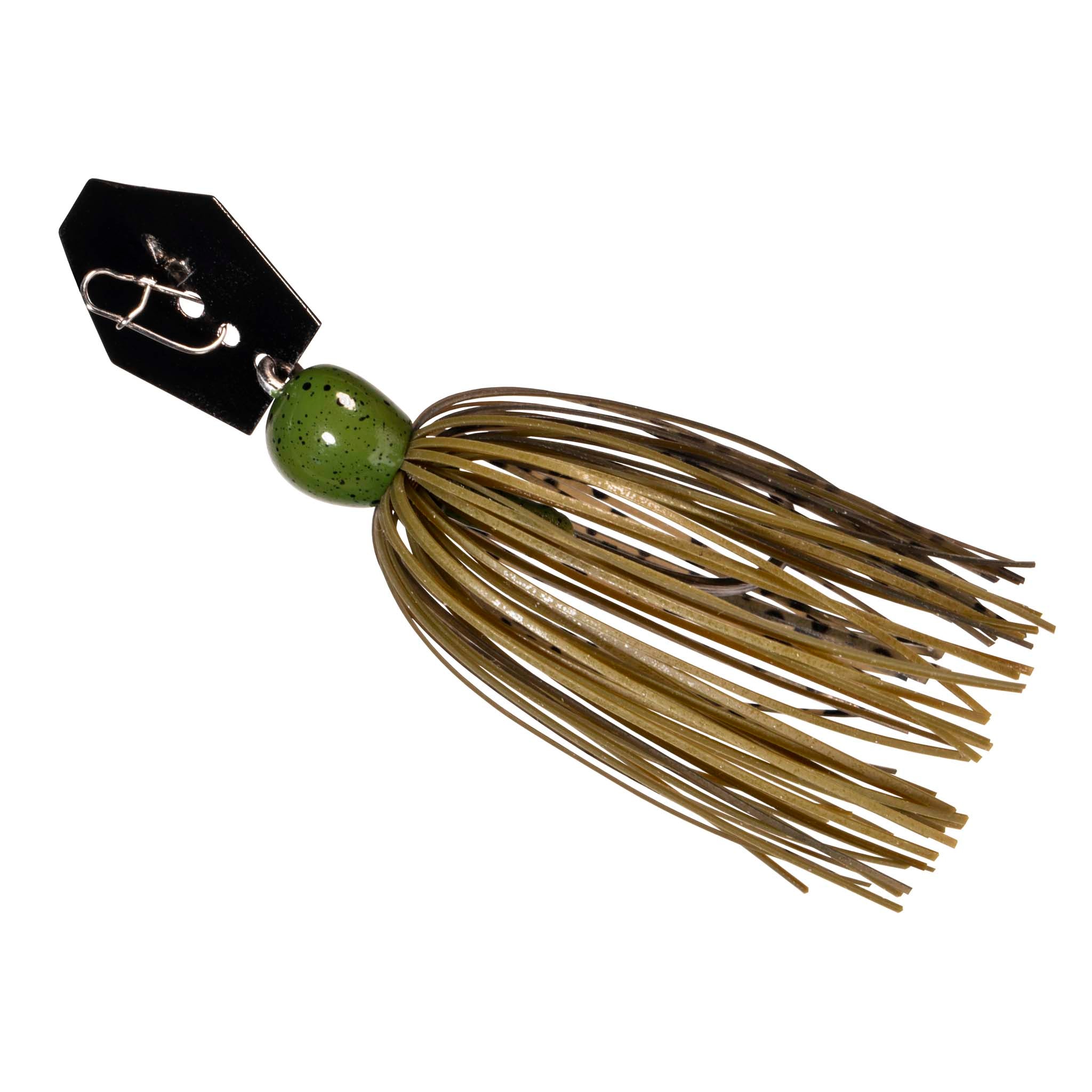 ChatterBait MiniMax jig lure with olive-green bead head and brown bristle skirt