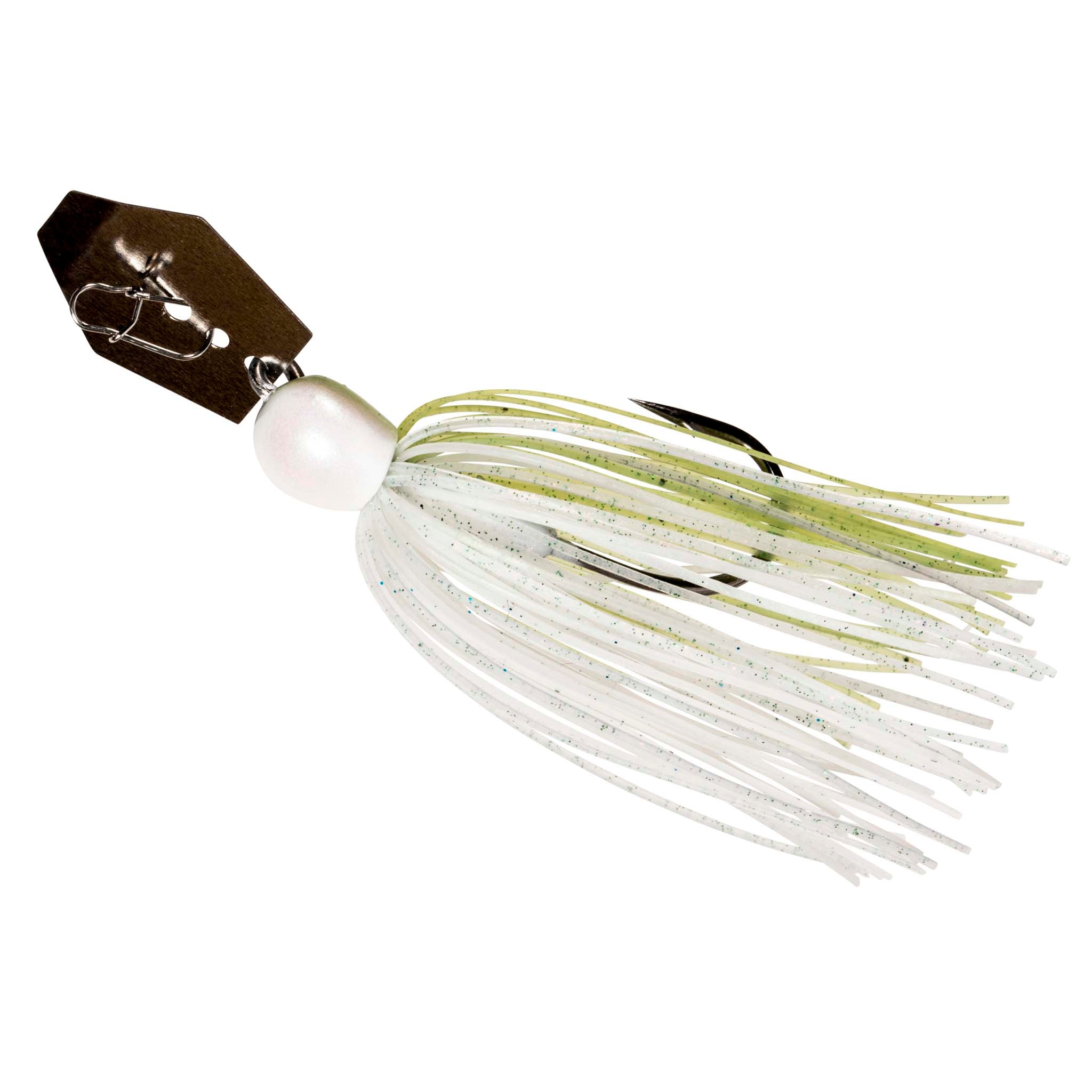 ChatterBait MiniMax jig lure with pearl head, white skirt, and lime-green strands