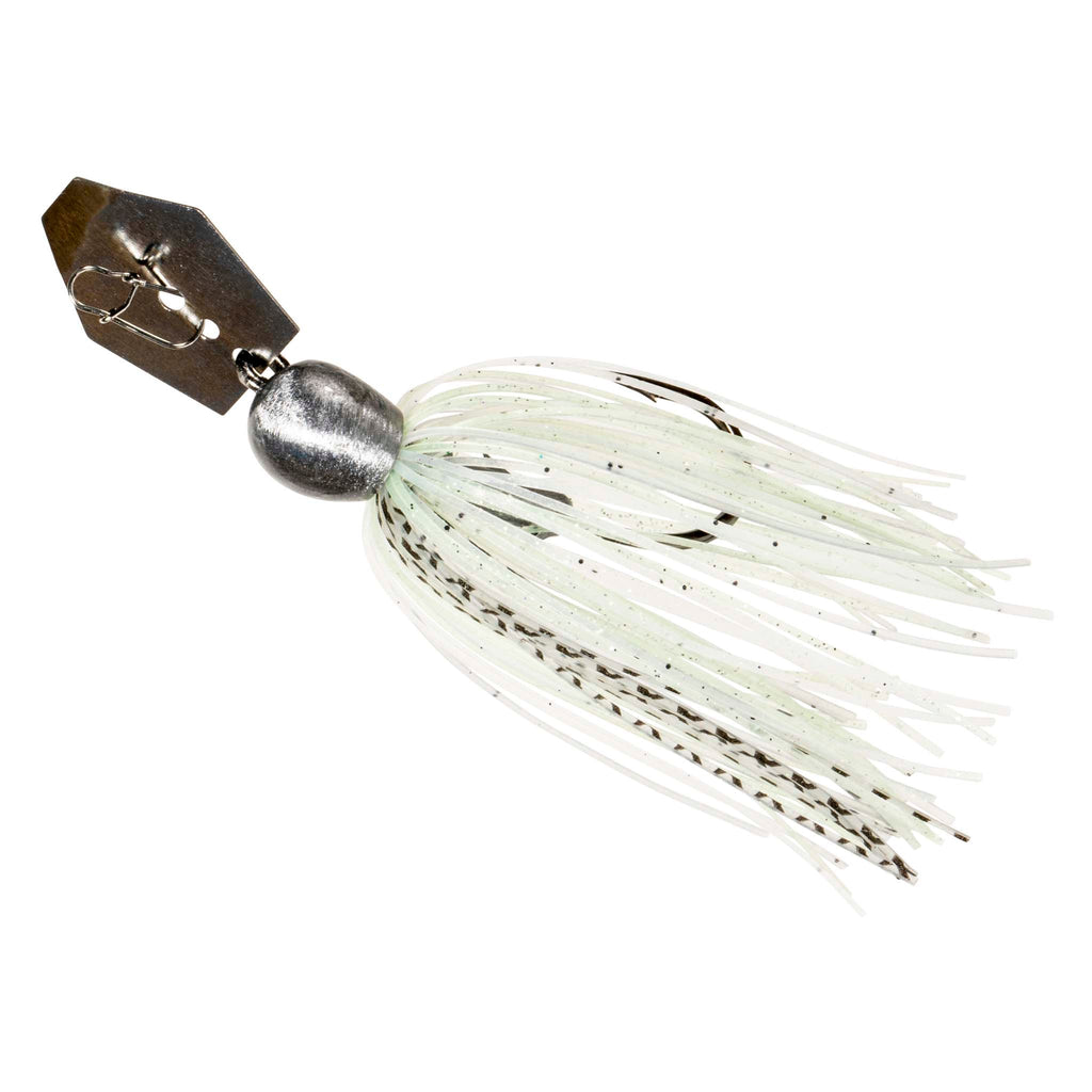 ChatterBait MicroMax spinner lure with gray head and white skirt with scattered black specks