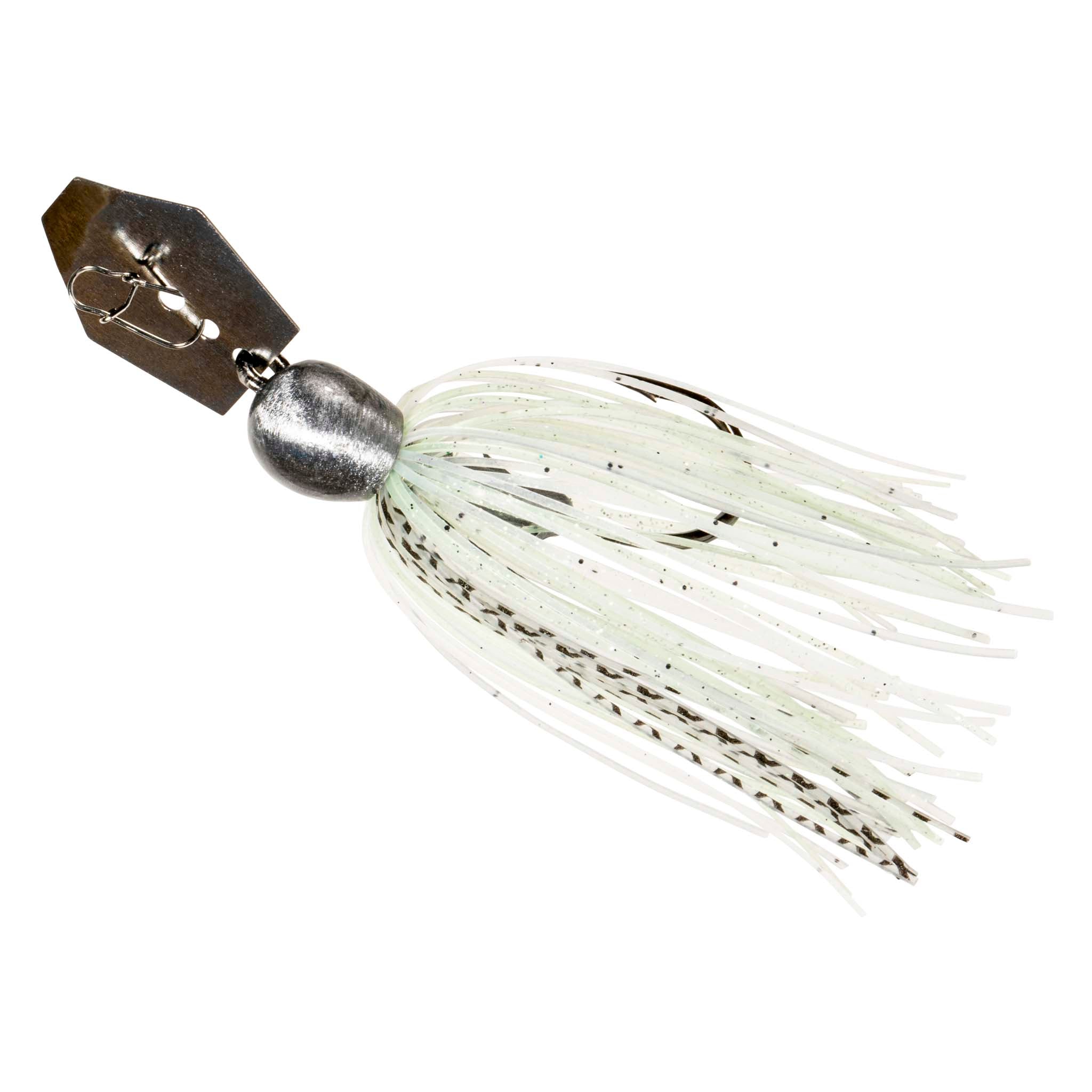 ChatterBait MiniMax jig lure with dark head and white skirt with green highlights