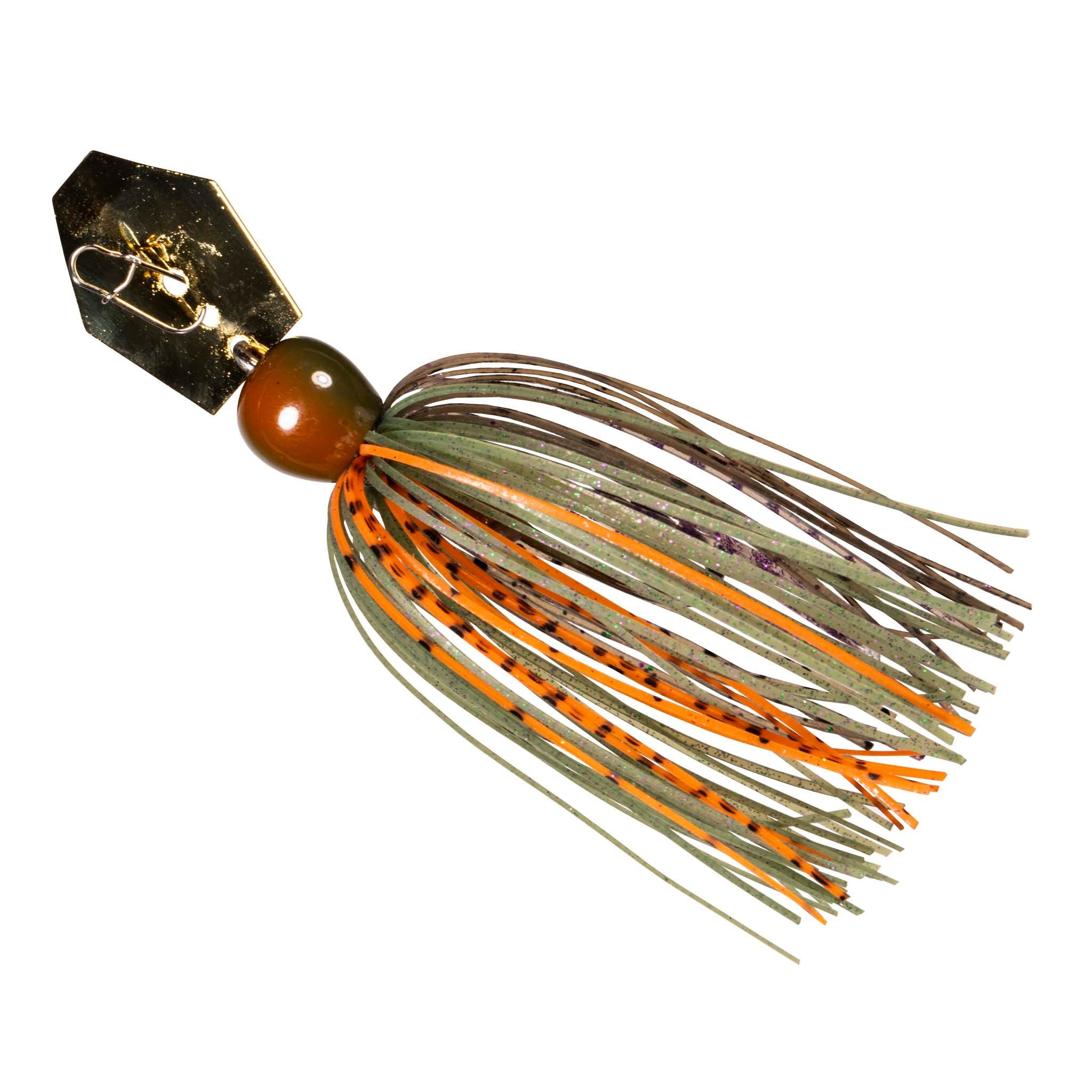 ChatterBait MiniMax jig lure with orange-brown head and multicolor bristle skirt
