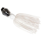 White skirt chatterbait with black-and-silver blade and white bead jig head