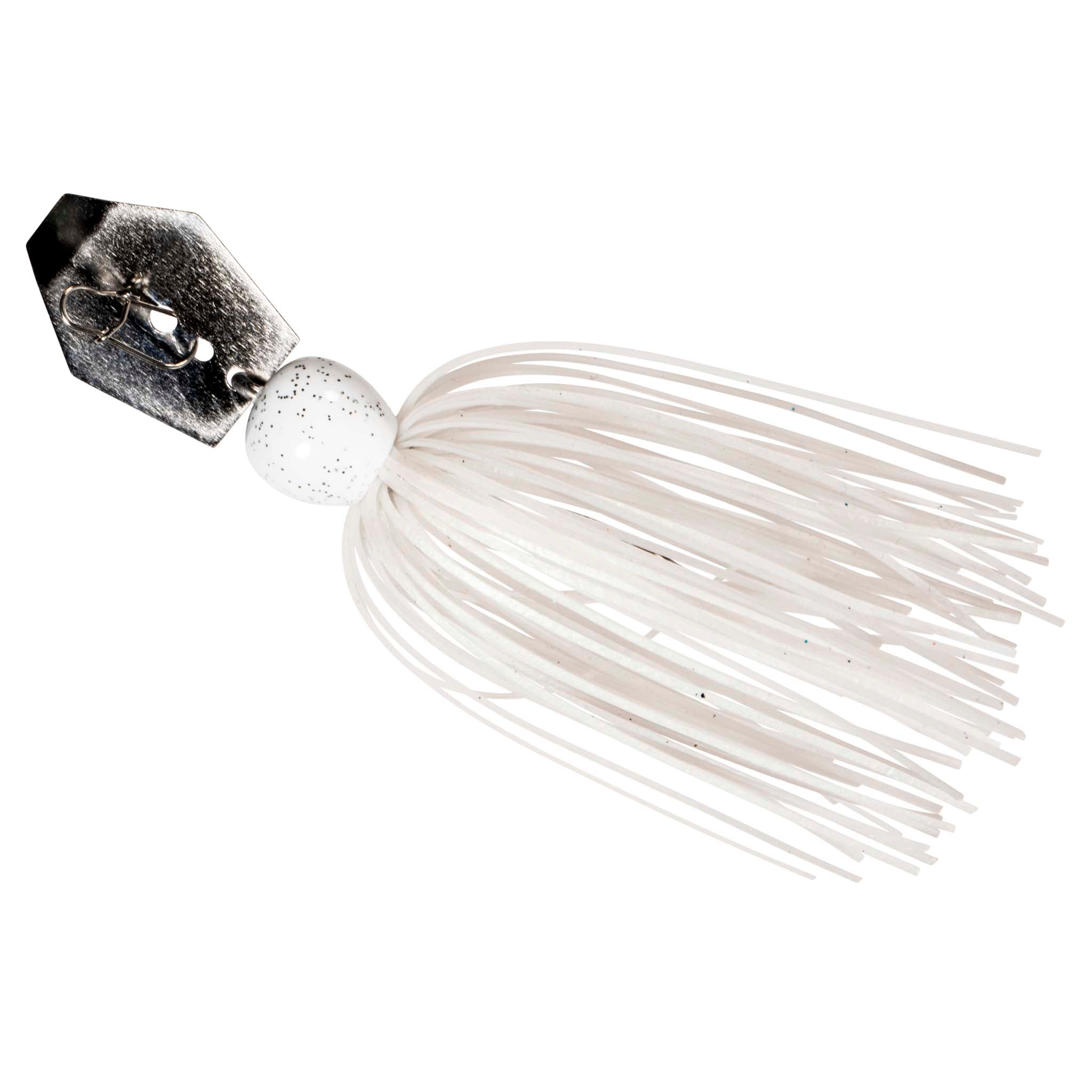 White skirt chatterbait with black-and-silver blade and white bead jig head