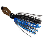 Blue and black micro spinnerbait jig with wire skirt and blue-speckled head