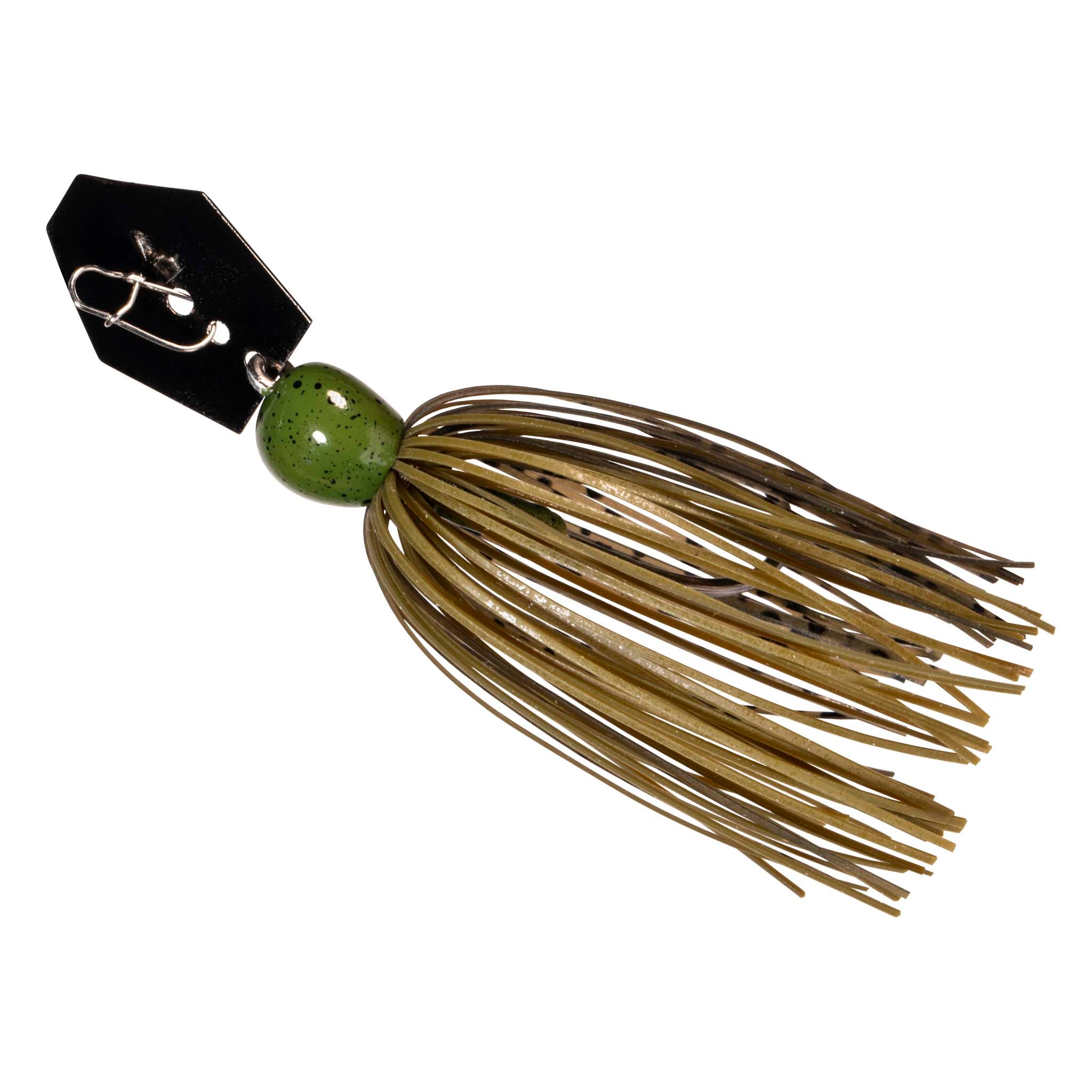 Green micro spinnerbait jig with olive head and tan wire skirt