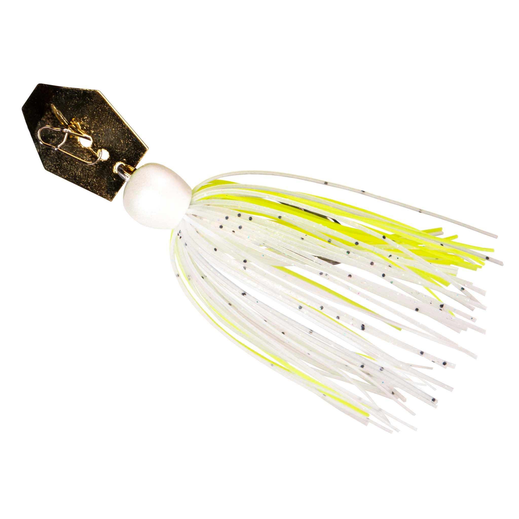 Chartreuse-and-white skirt chatterbait with gold blade and white bead jig head