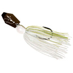 ChatterBait MicroMax spinner lure with pearl-white skirt and chartreuse accents, white head