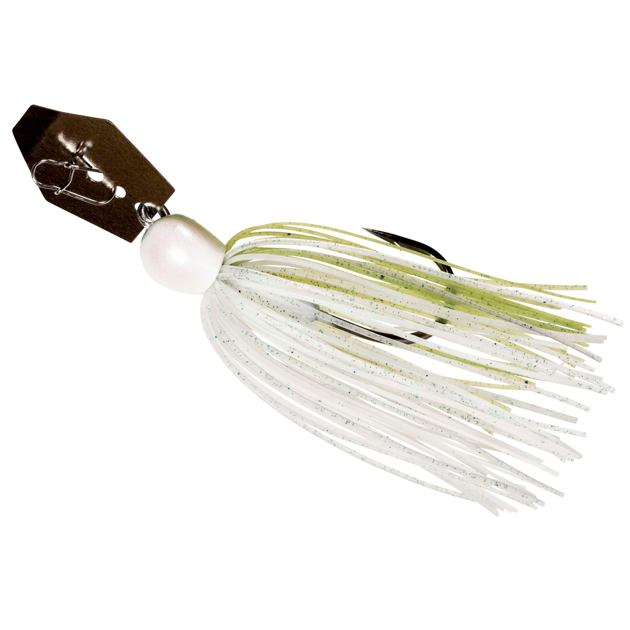 ChatterBait MicroMax spinner lure with pearl-white skirt and chartreuse accents, white head