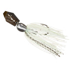 ChatterBait MicroMax spinner lure with silver-gray head and white skirt with black specks