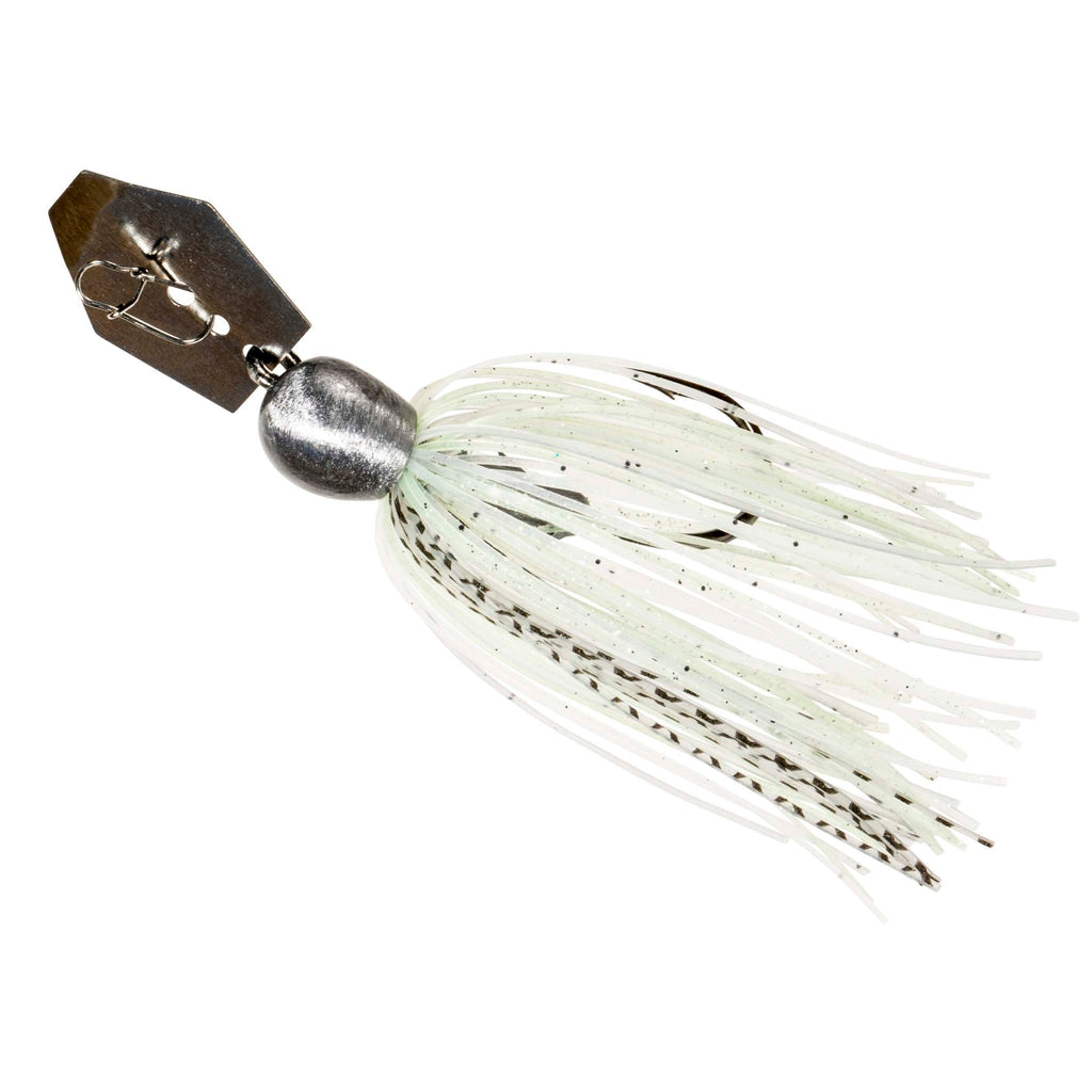ChatterBait MiniMax jig lure with white skirt and green strands, dark speckled head