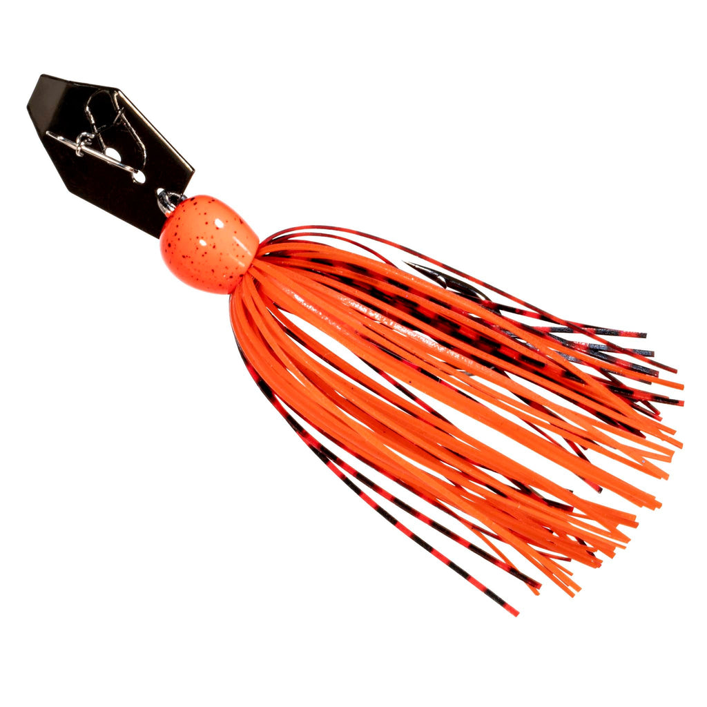 Orange micro spinnerbait jig with red skirt and black accent wires