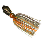 Brown micro spinnerbait jig with orange bead head and mixed green wire skirt