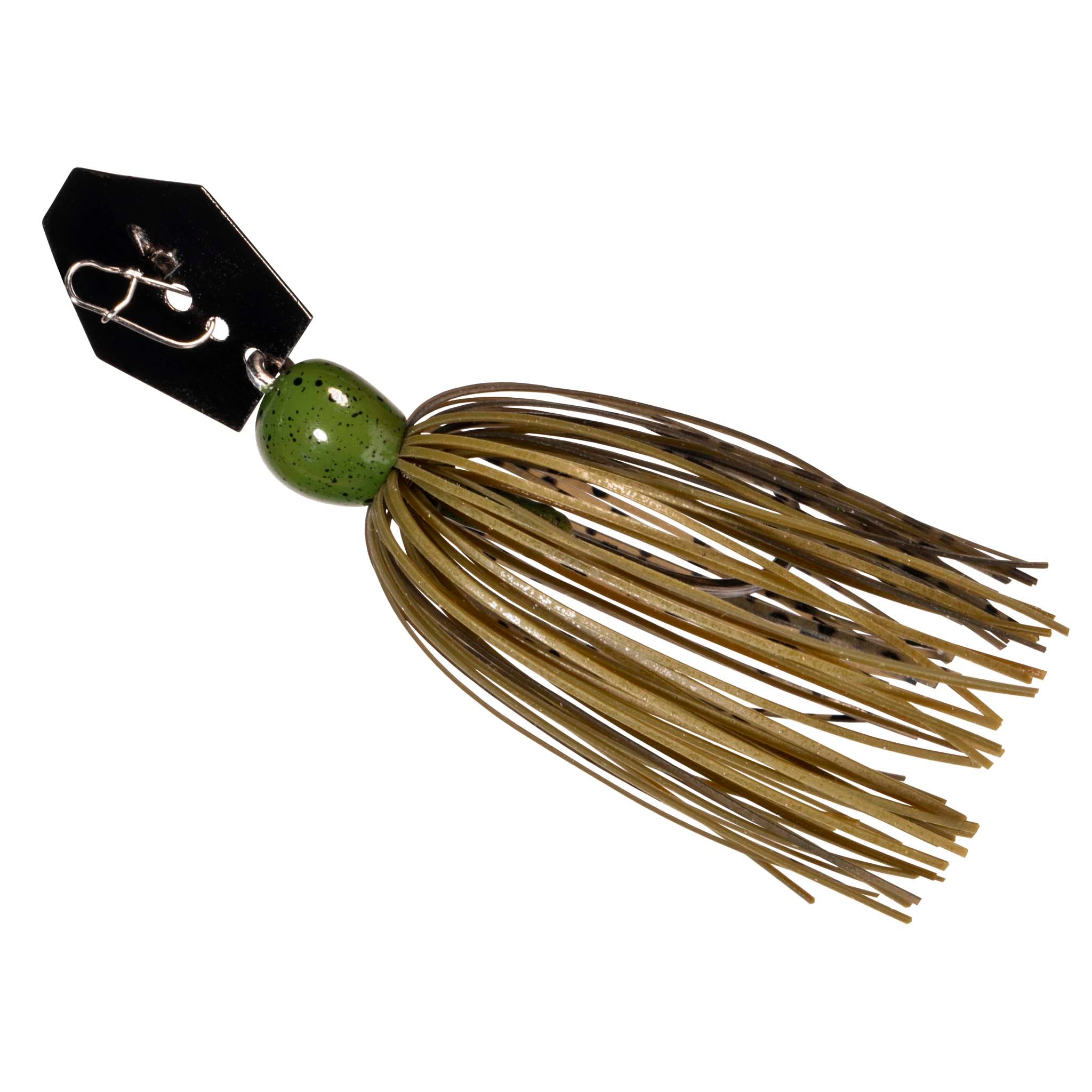 Olive-brown skirt spinnerbait with green head bead and black blade