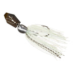 White jig skirt with black speckles and light green strands, round silver head, gold blade