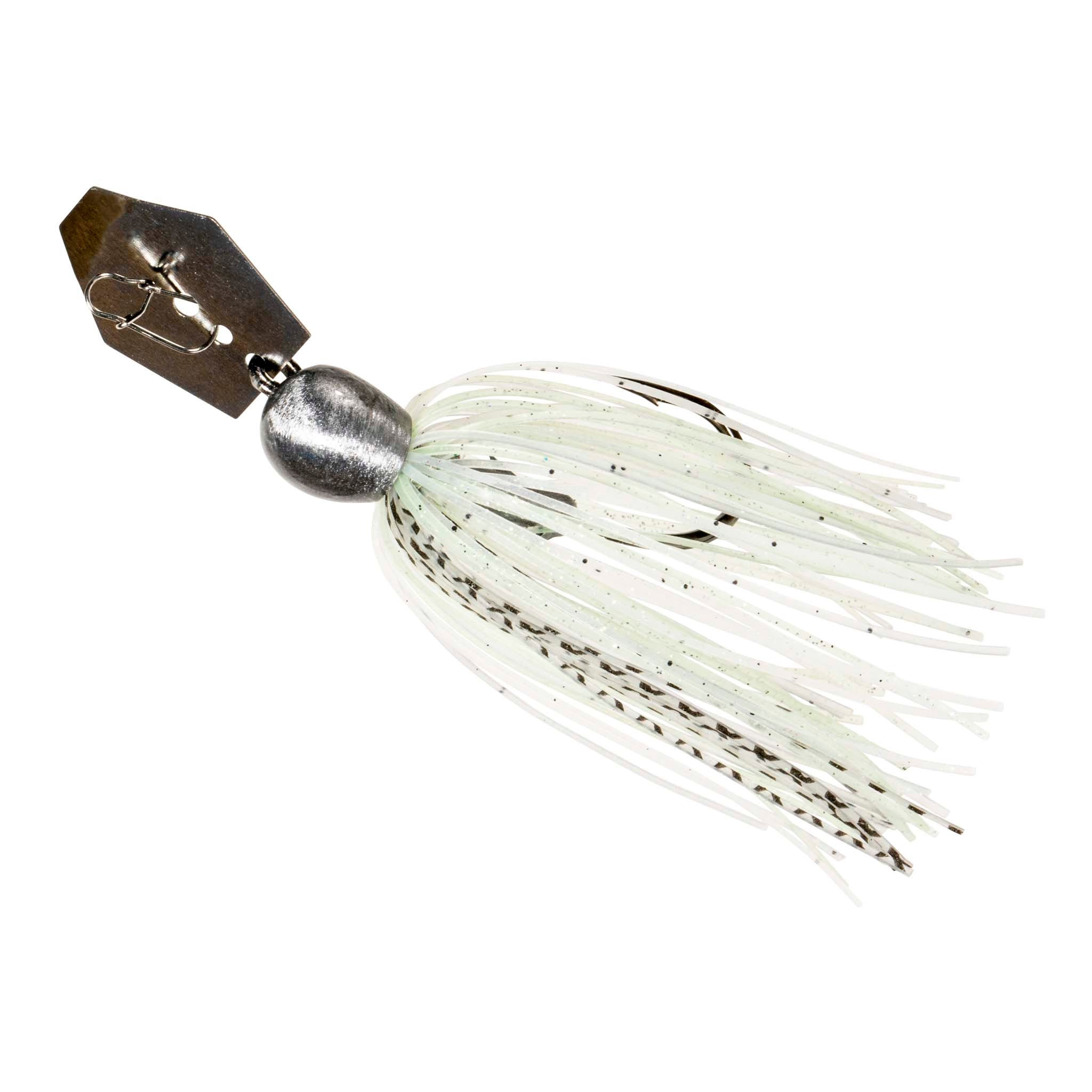 Chatterbait fishing lure with speckled white skirt, light green strands and silver blade