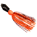 Orange jig head with red-striped skirt and black accents, gold chatter blade