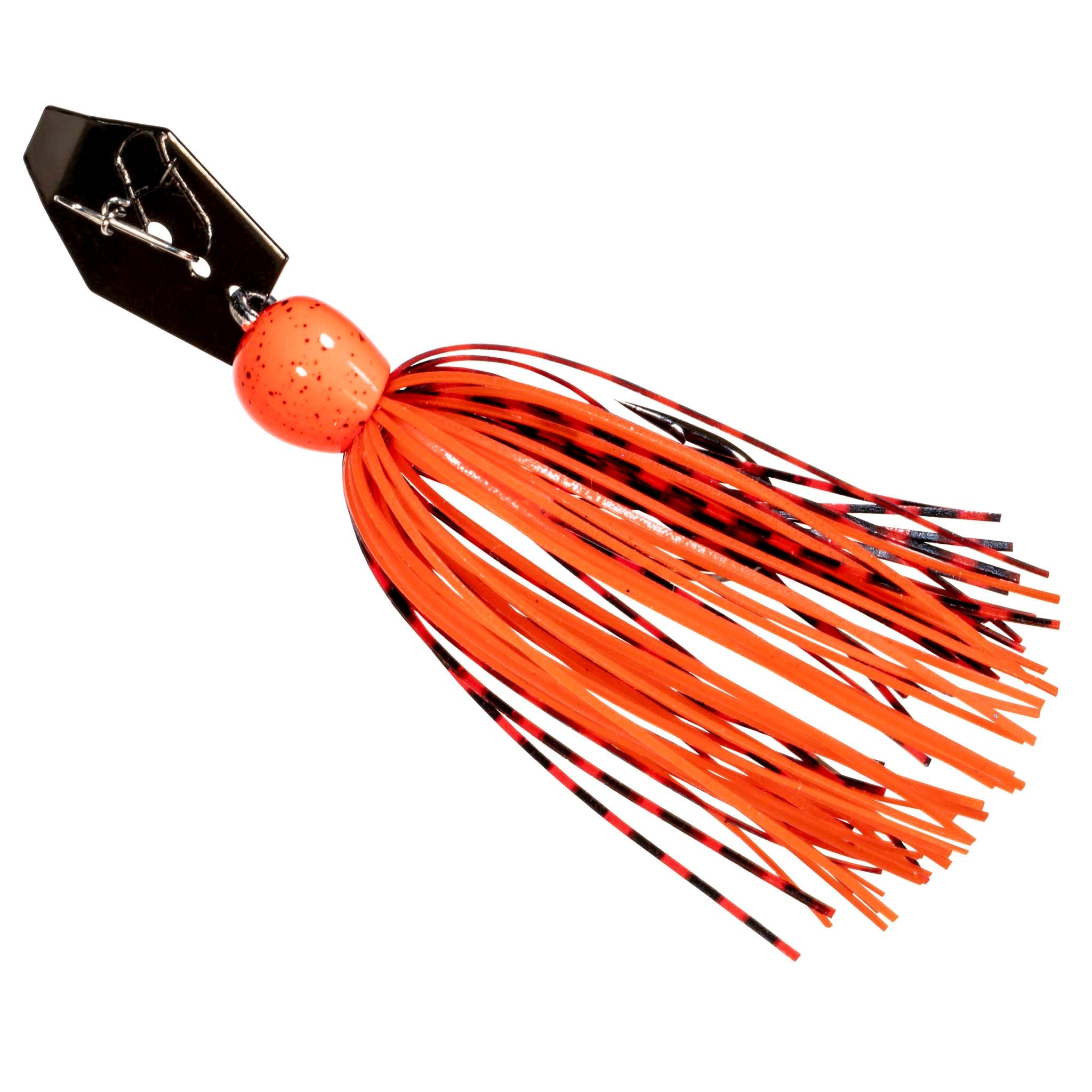 Chatterbait fishing lure with bright orange skirt, black accents, and orange head
