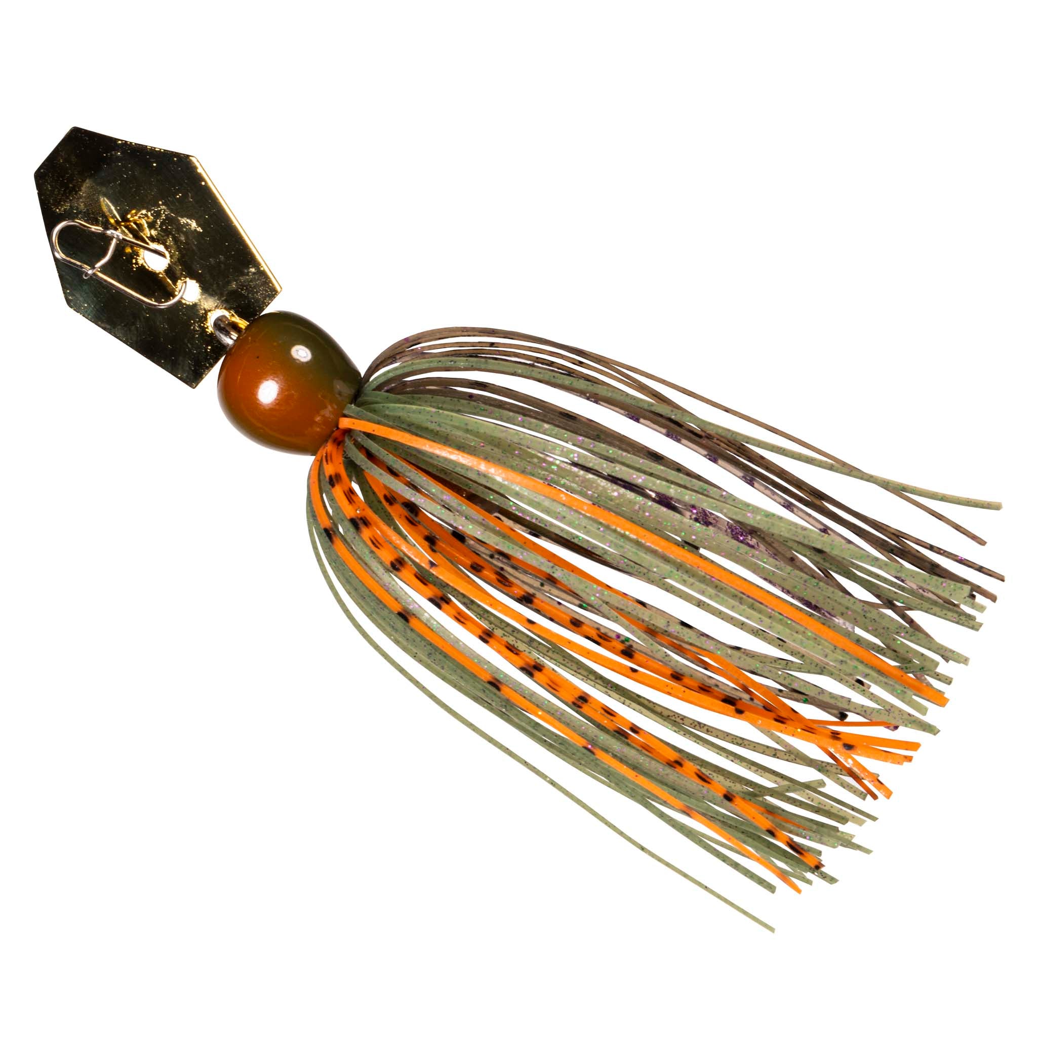 Chatterbait fishing lure with orange-brown head and olive-green skirt with orange strands