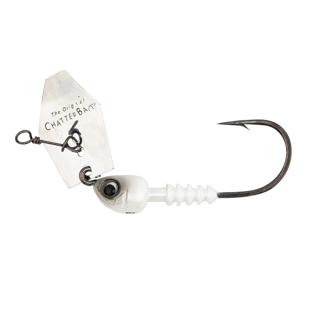 Chatterbait fishing lure with white head, silver blade, and black hook