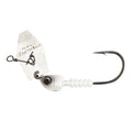 Chatterbait fishing lure with white head, silver blade, and black hook