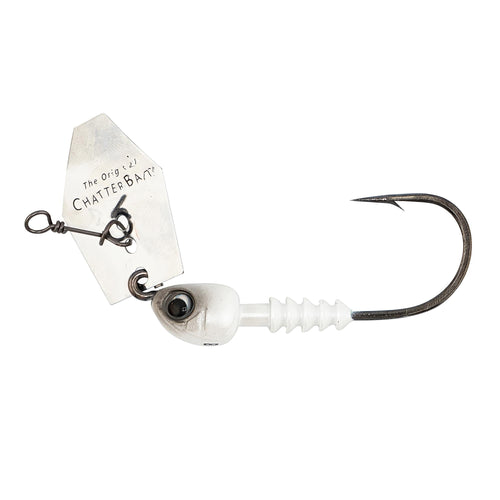 Chatterbait fishing lure with white head, silver blade, and black hook