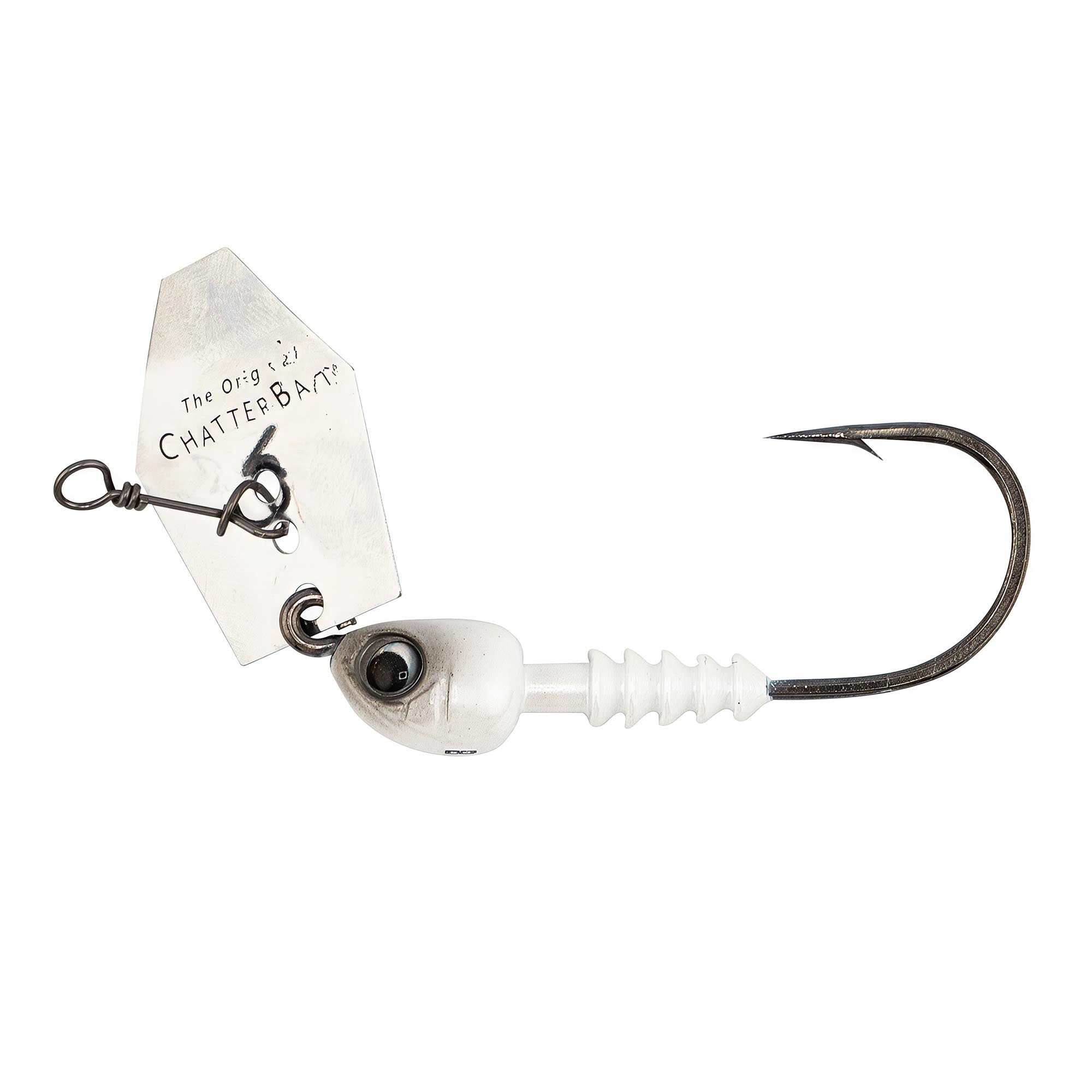 Chatterbait fishing lure with white head, silver blade, and exposed black hook