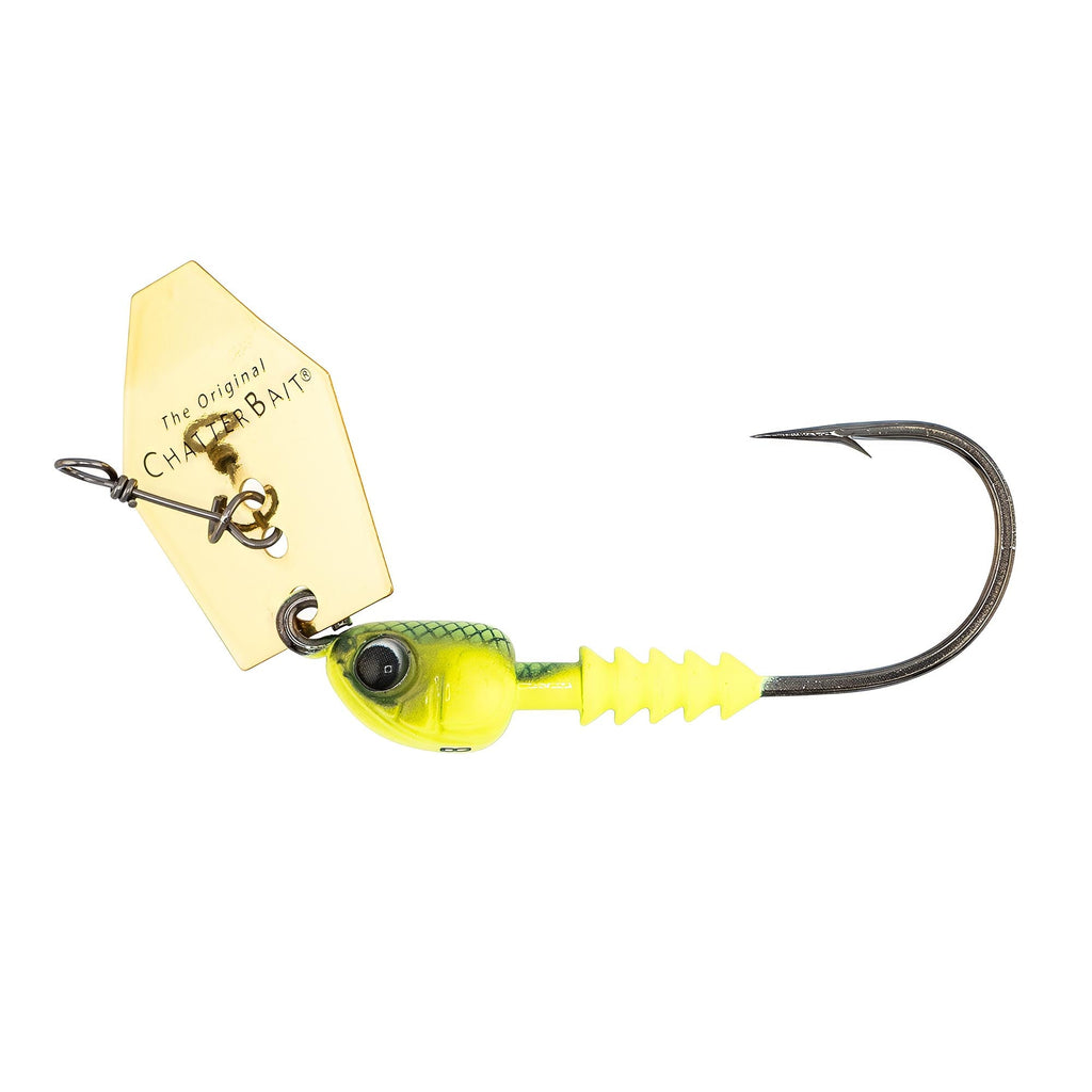 Chatterbait fishing lure with chartreuse-yellow head, gold blade, and black hook