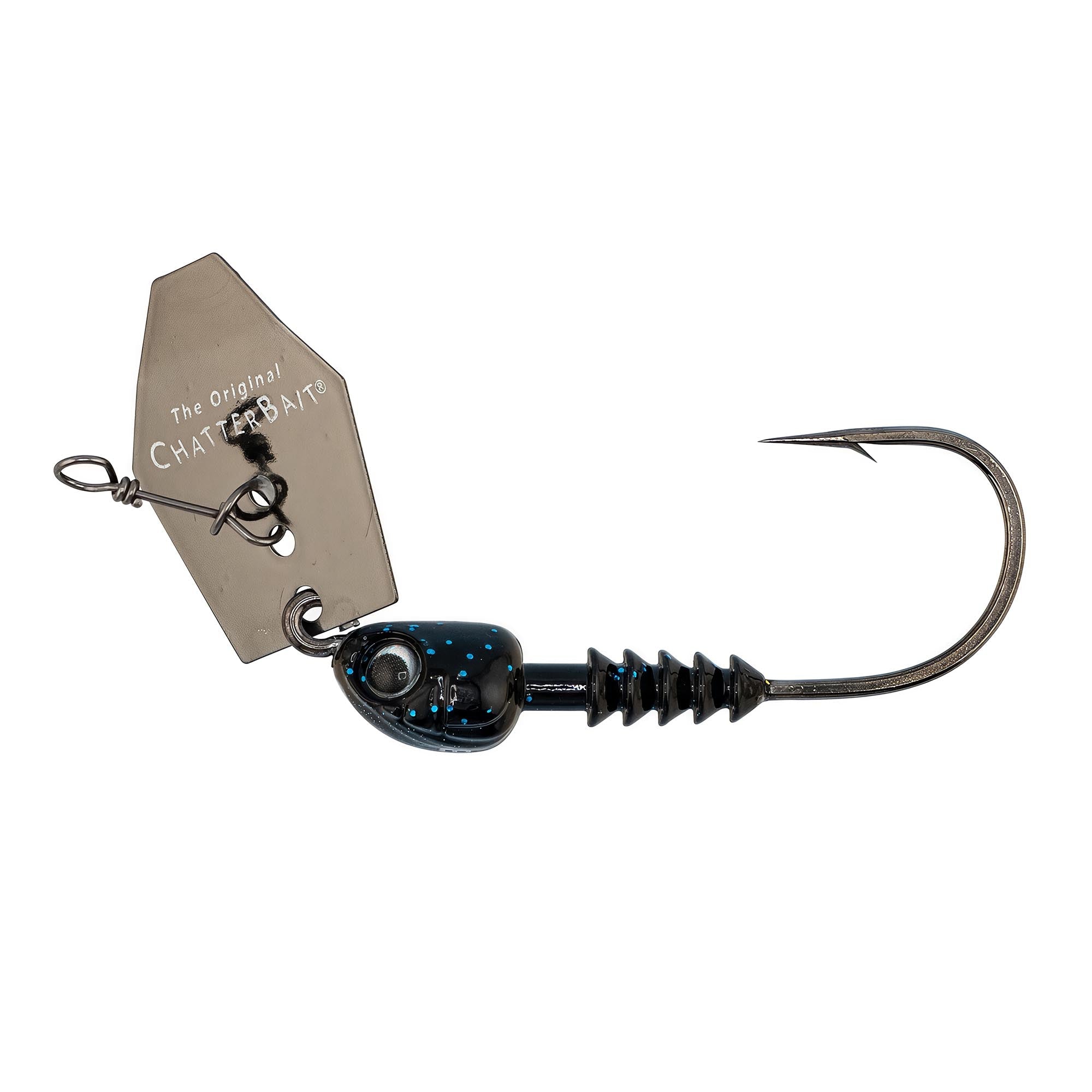 Chatterbait fishing lure with dark blue-black head, silver blade, and black hook