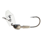 Chatterbait fishing lure with gray head, silver blade, and black hook
