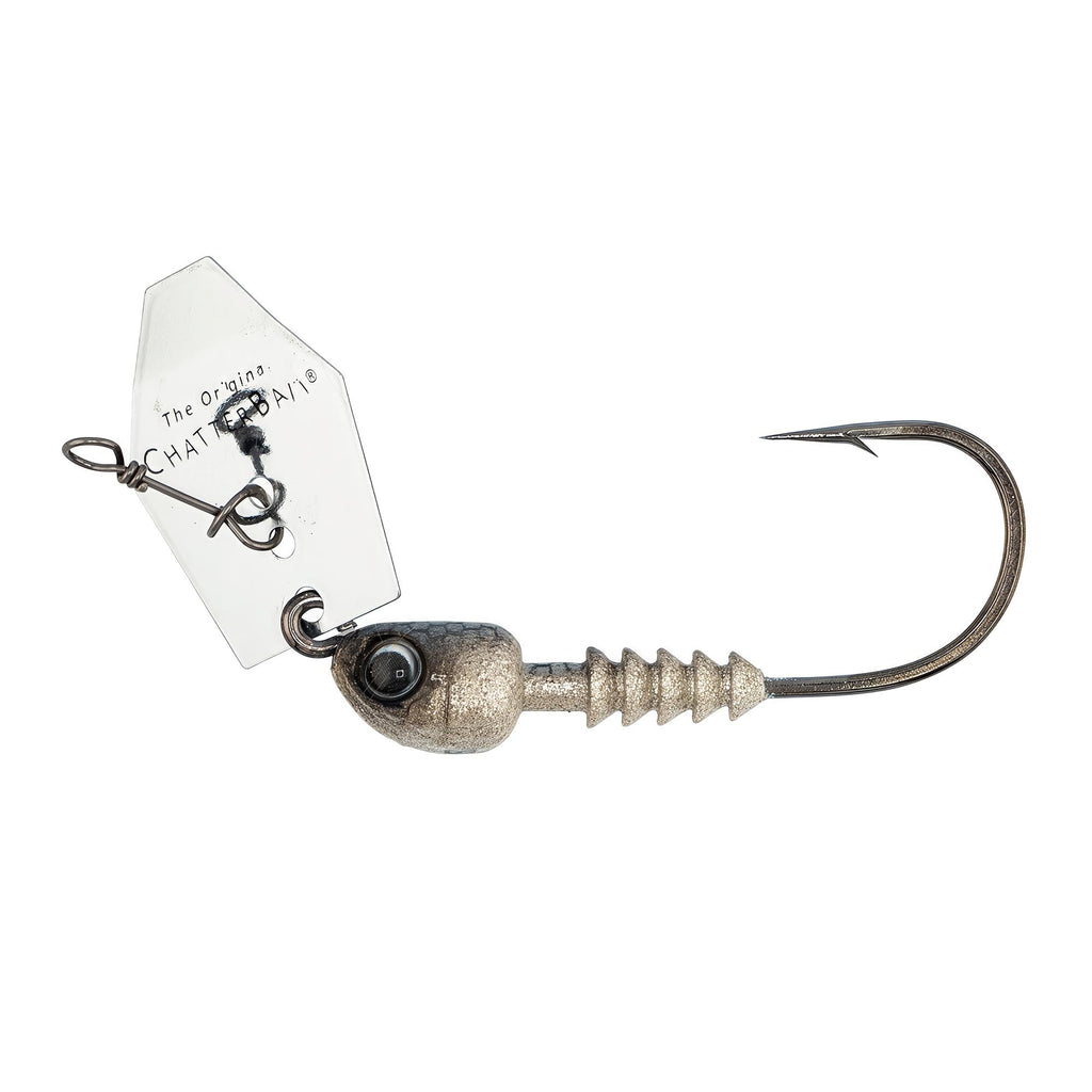 Chatterbait fishing lure with gray head, white blade, and black hook