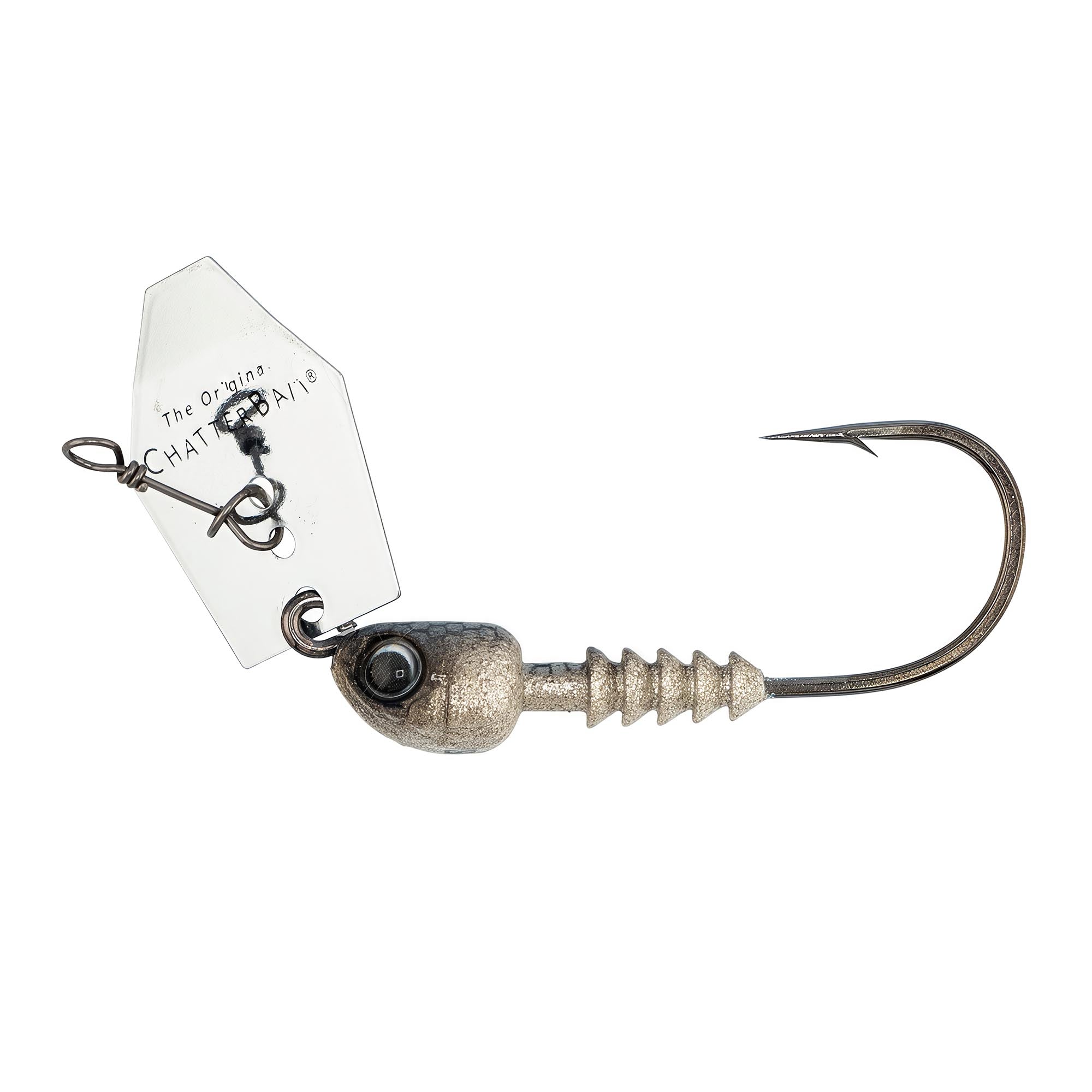 Chatterbait fishing lure with gray head, white blade, and black hook