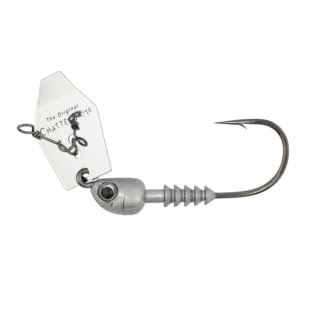 Chatterbait fishing lure with silver-gray head, white blade, and black hook