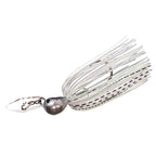 Silver-gray chatterbait with speckled white skirt and square blade