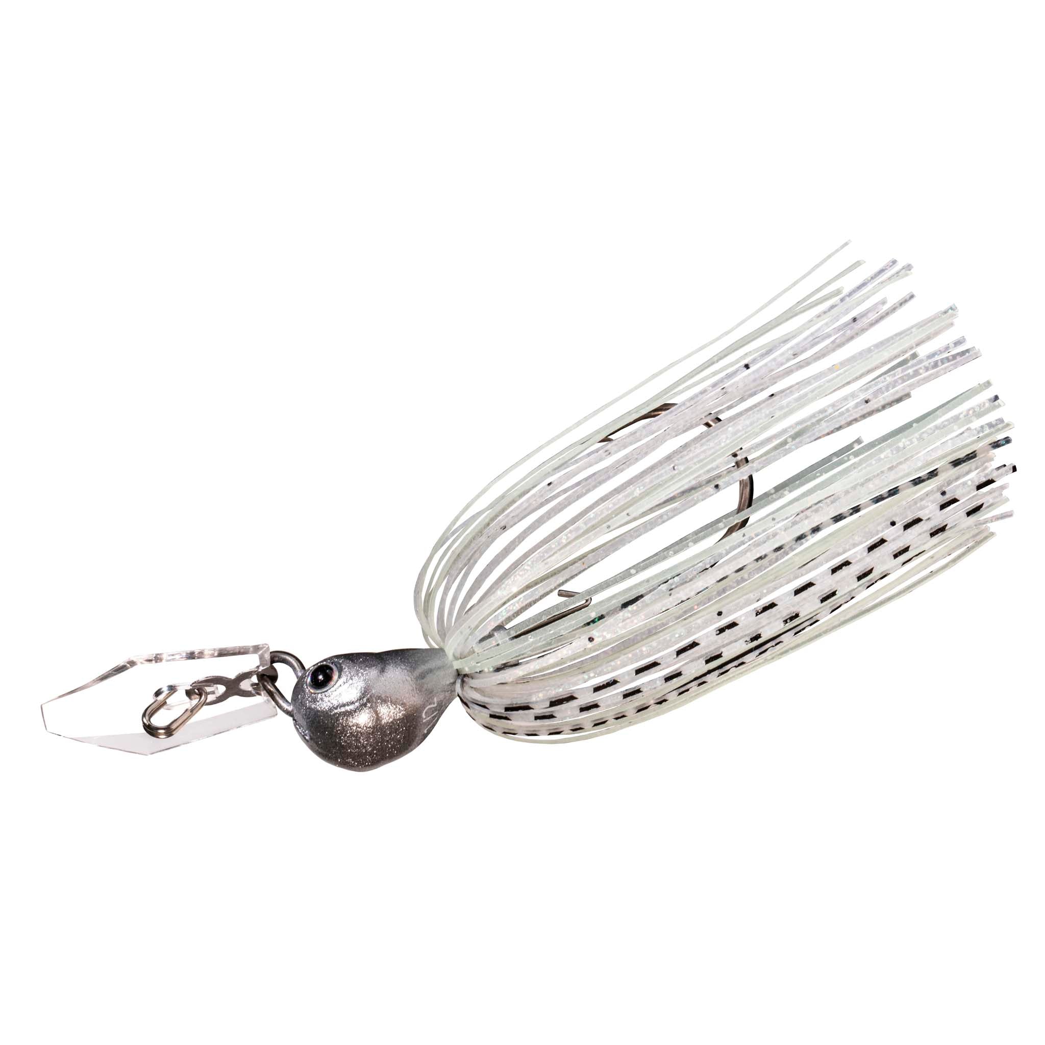Silver-gray chatterbait with speckled white skirt and square blade