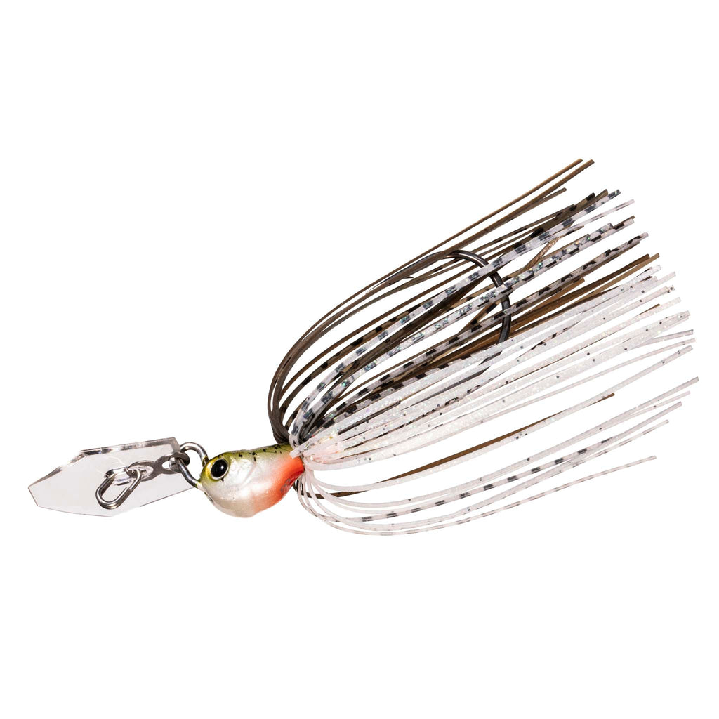 White and brown skirt chatterbait fishing lure with clevis and square blade