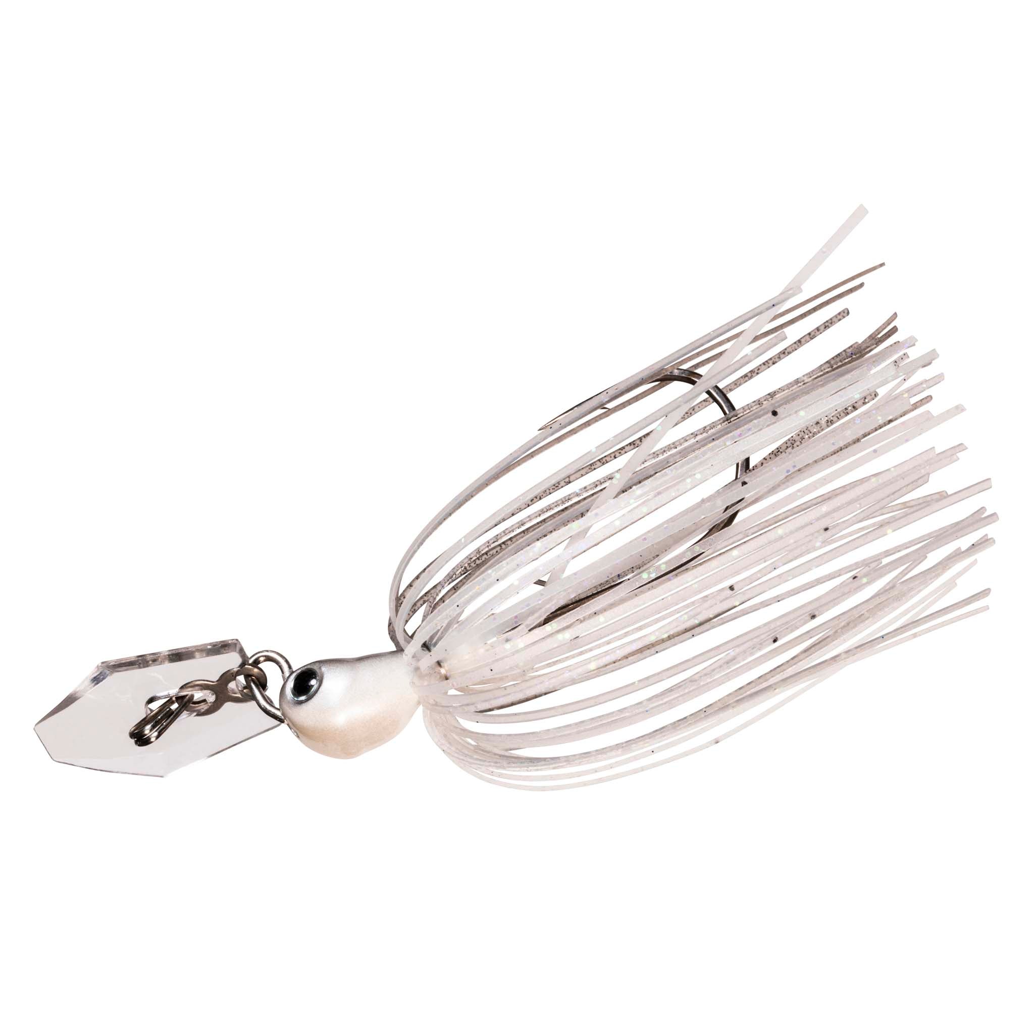 White chatterbait with clear speckled skirt and square blade