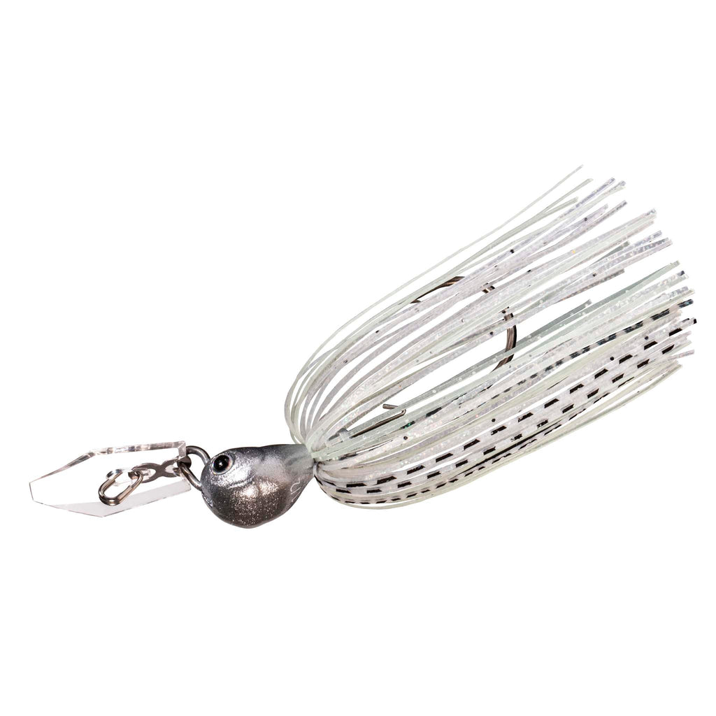 Gray chatterbait with silver speckled skirt and square blade