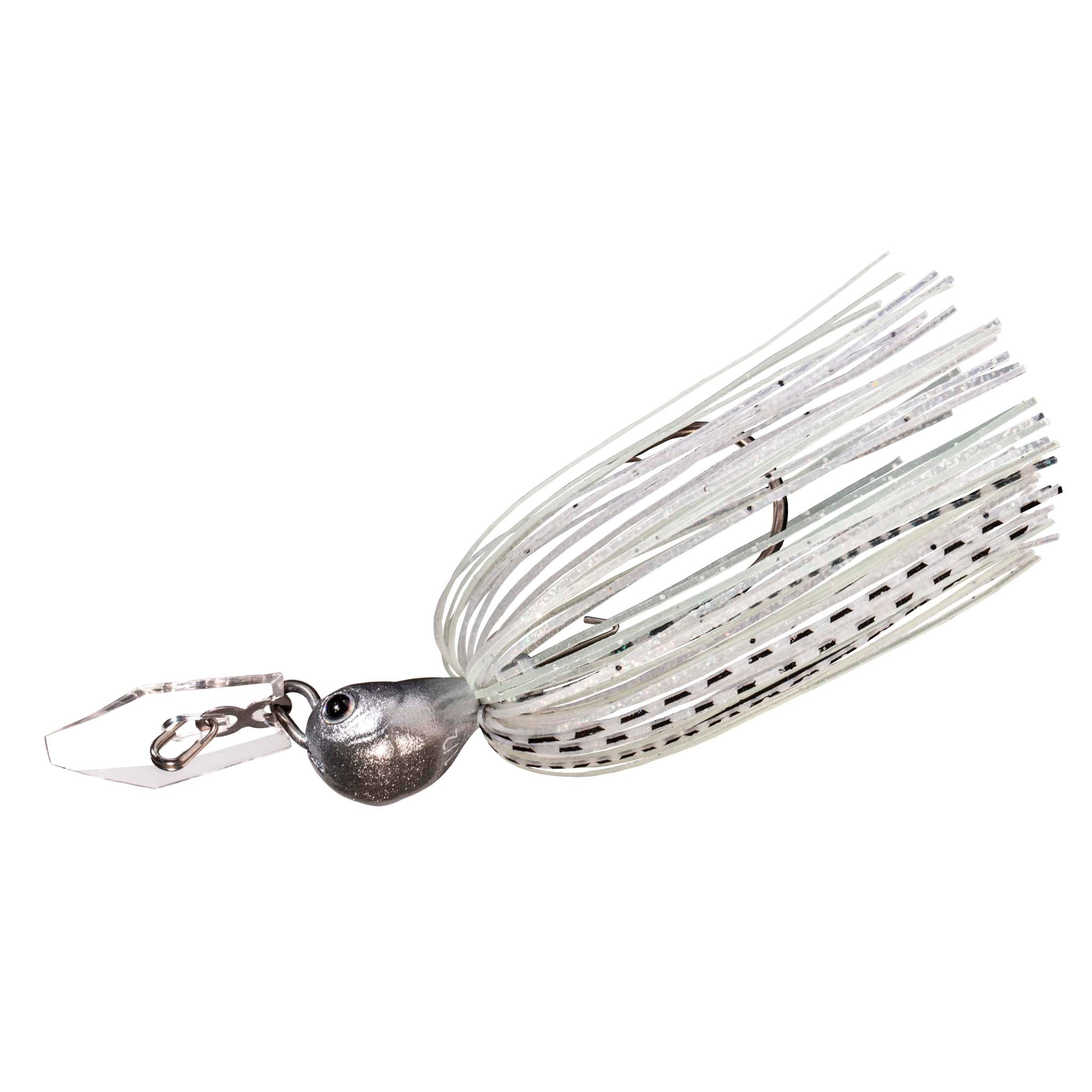Gray chatterbait with silver speckled skirt and square blade
