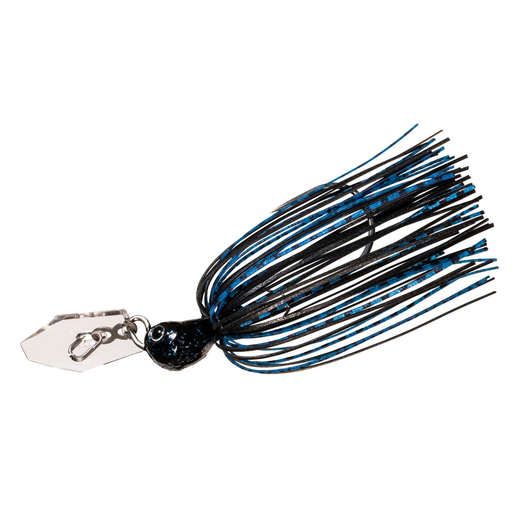 Dark blue chatterbait with bright blue skirt and square blade