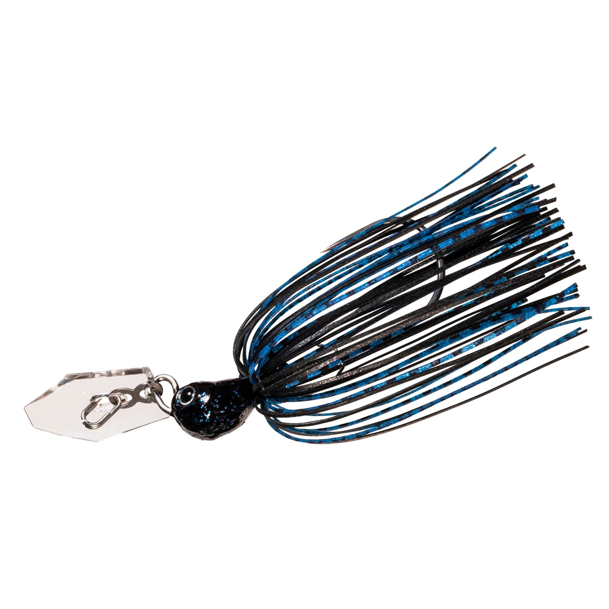 Dark blue chatterbait with bright blue skirt and square blade