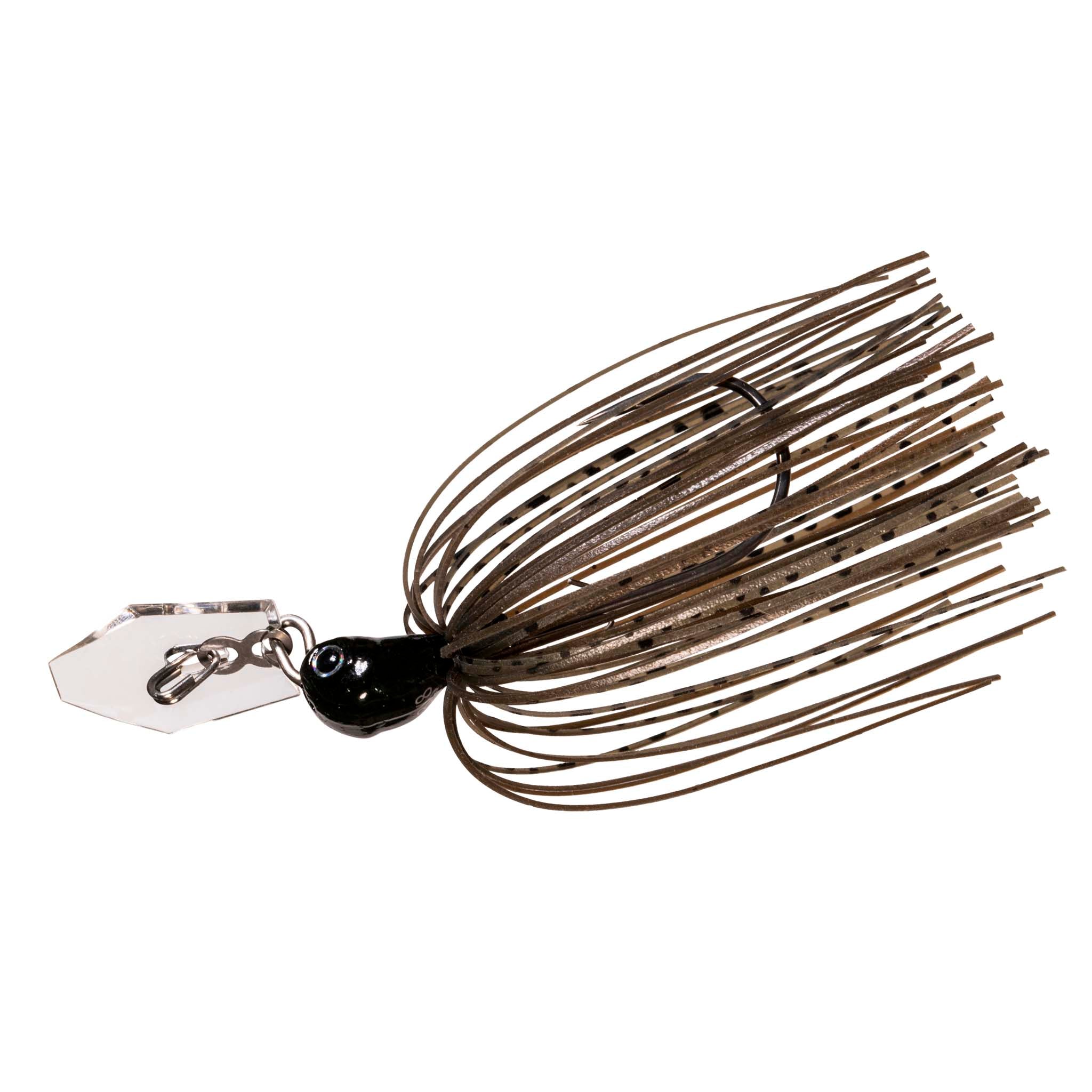 Brown chatterbait with dark brown skirt strands and square blade