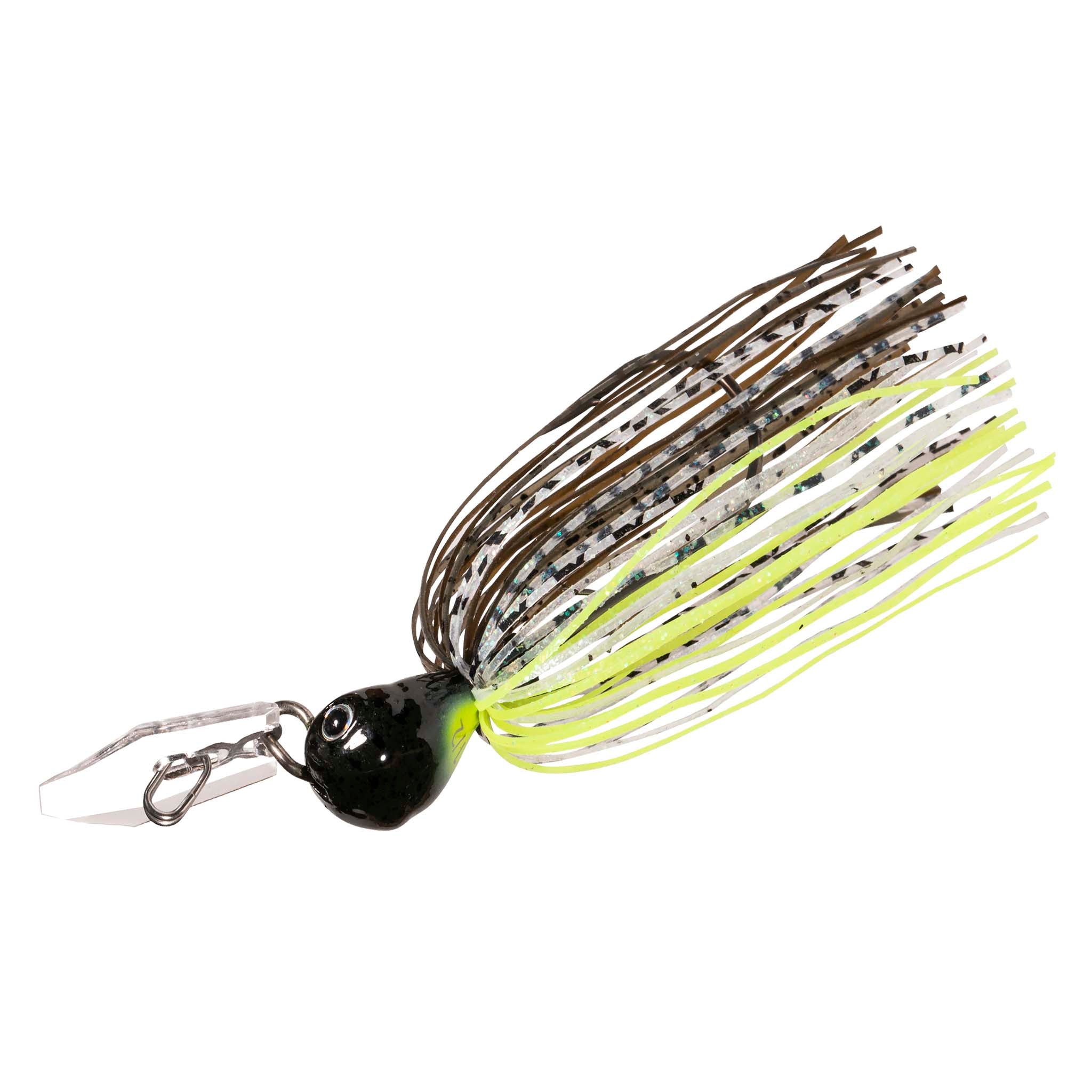 Fishing lure with black head and white-and-neon chartreuse skirt, treble hook